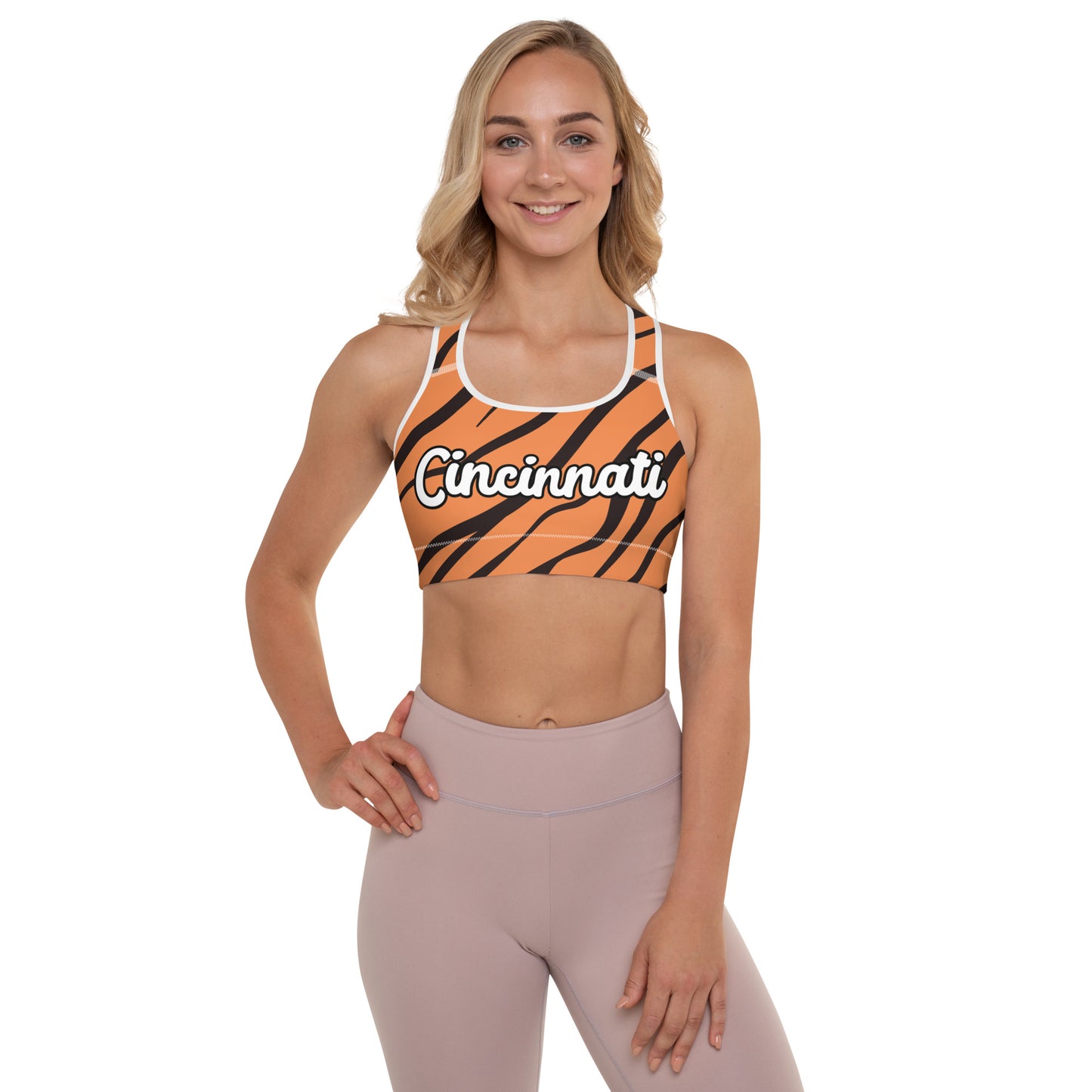 Cincinnati Text Bengals Tiger Print Padded Sports Bra