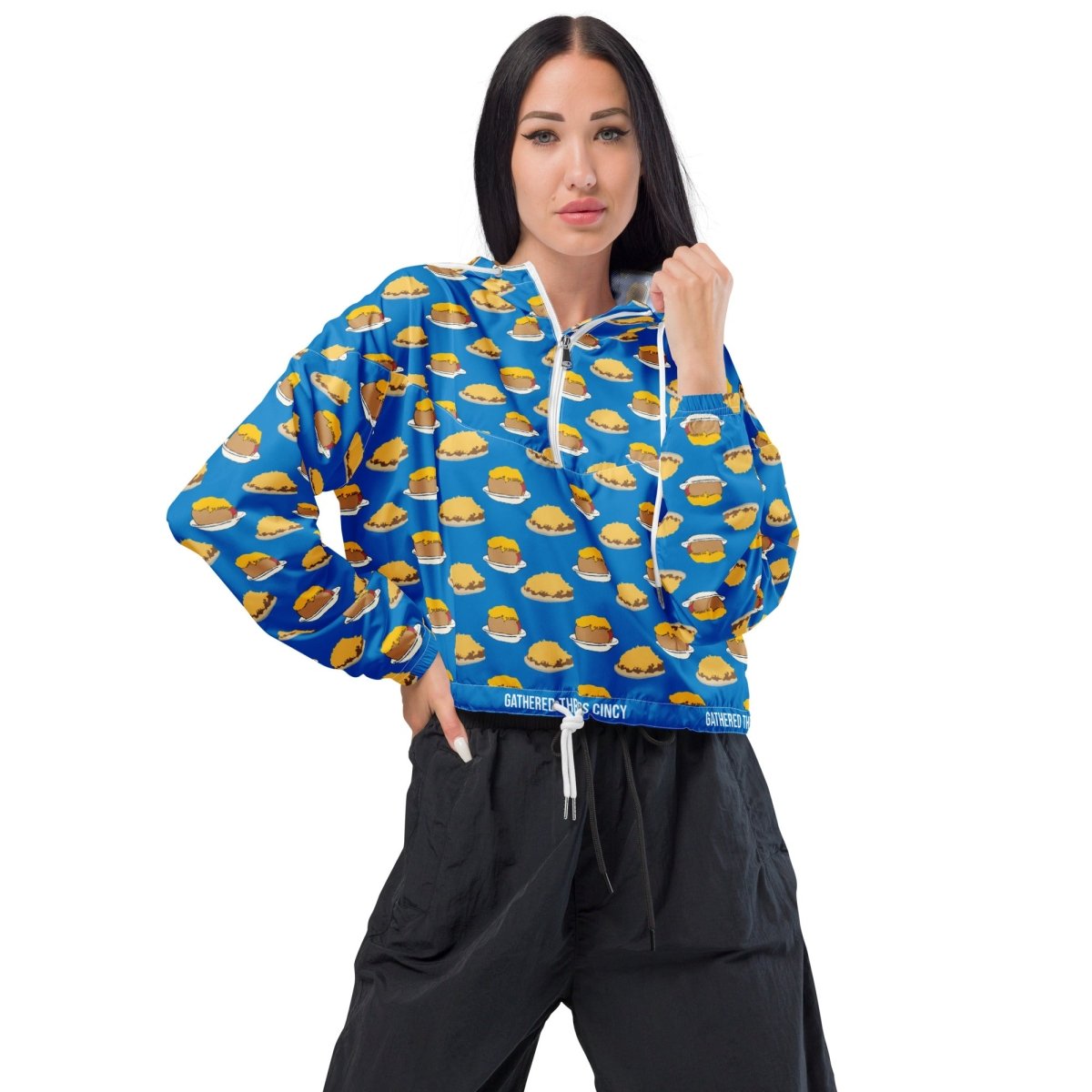 Blue Cincinnati Chili Women’s Cropped Windbreaker - Gathered Threds Cincy - 