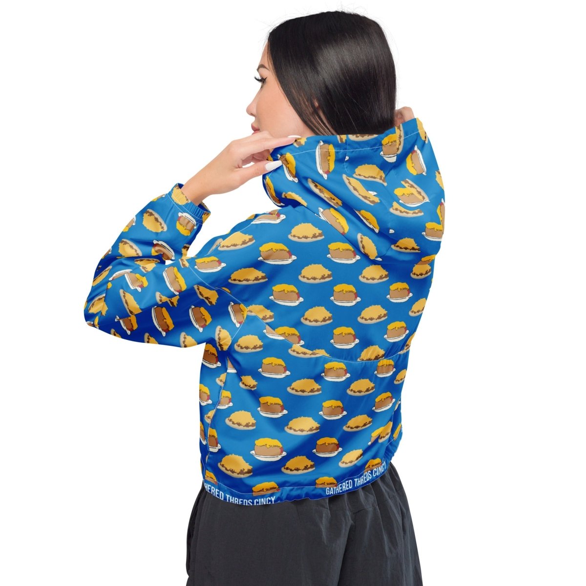 Blue Cincinnati Chili Women’s Cropped Windbreaker - Gathered Threds Cincy - 